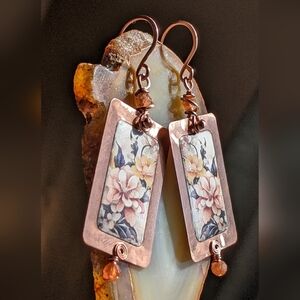 Floral Copper Earrings Natural Sunstone Gems Artisan Crafted Jewelry